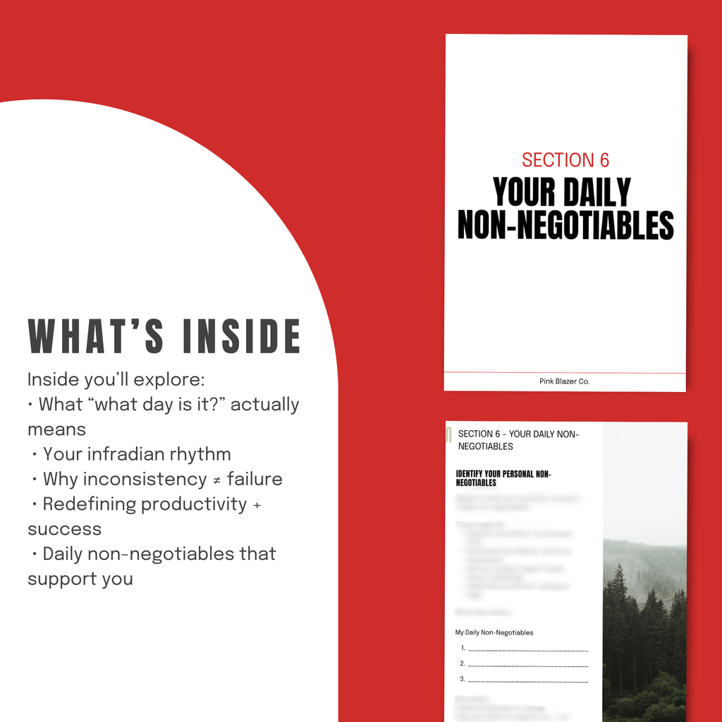 Inside the What Day Is It cyclical awareness journal highlighting infradian rhythm, productivity reframes, and daily non-negotiables.