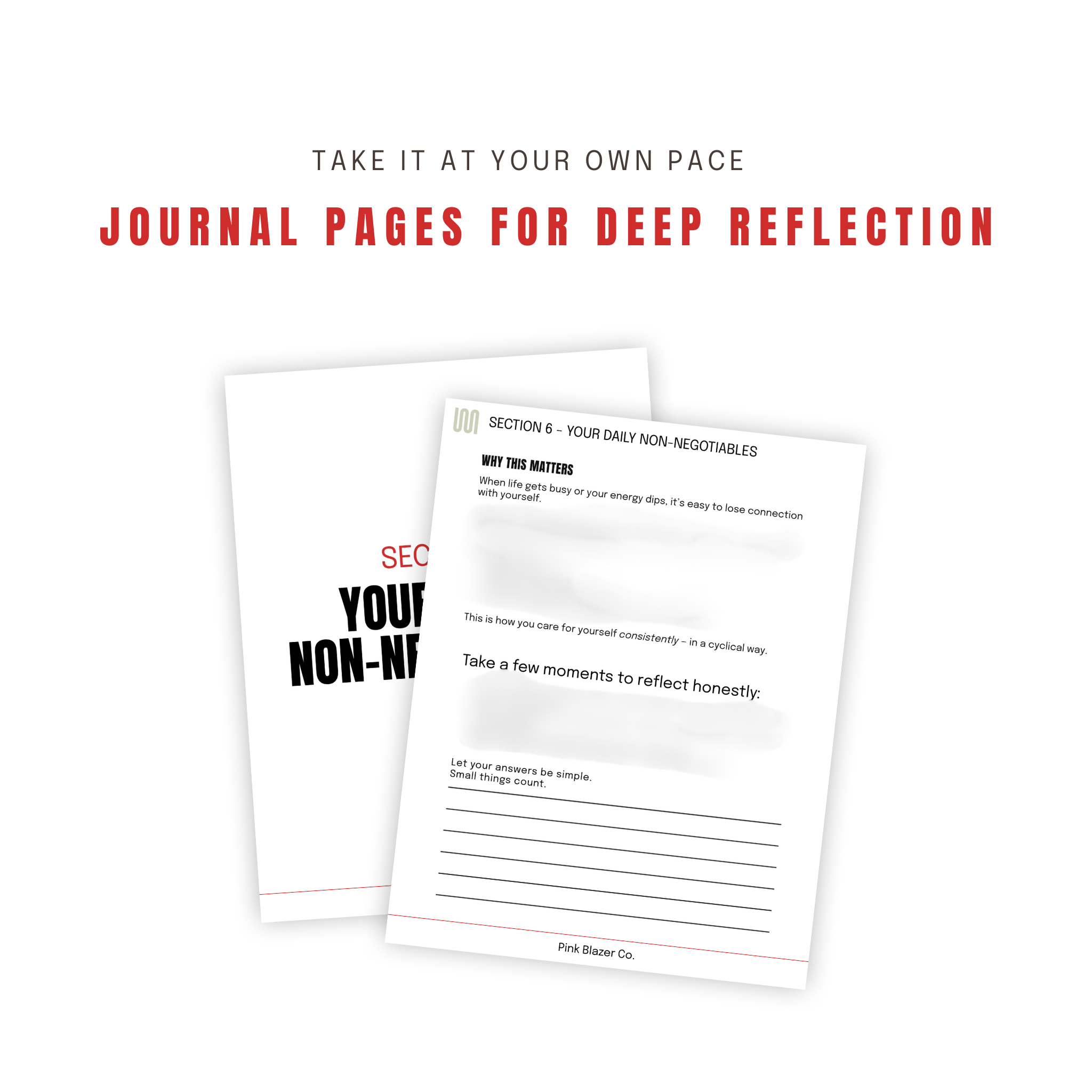 Interior reflection pages from the What Day Is It journal designed for deep reflection and self-trust building.